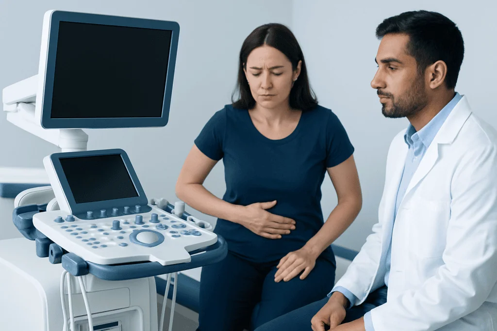 Woman experiencing abdominal pain during medical ultrasound consultation.