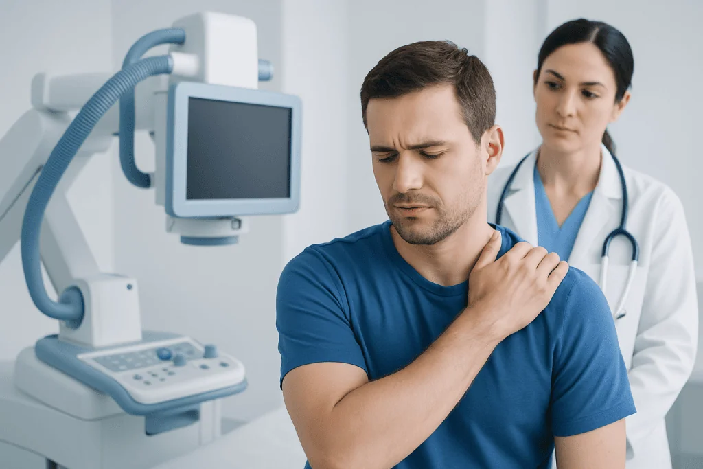 Man experiencing shoulder pain during medical consultation at hospital.