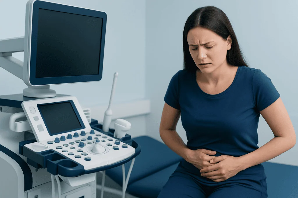 Woman experiencing pelvic pain during medical examination at hospital.