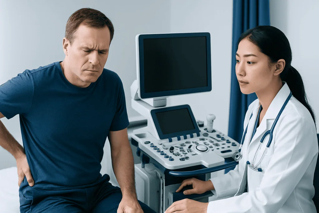 Man experiencing back pain during medical consultation at hospital.