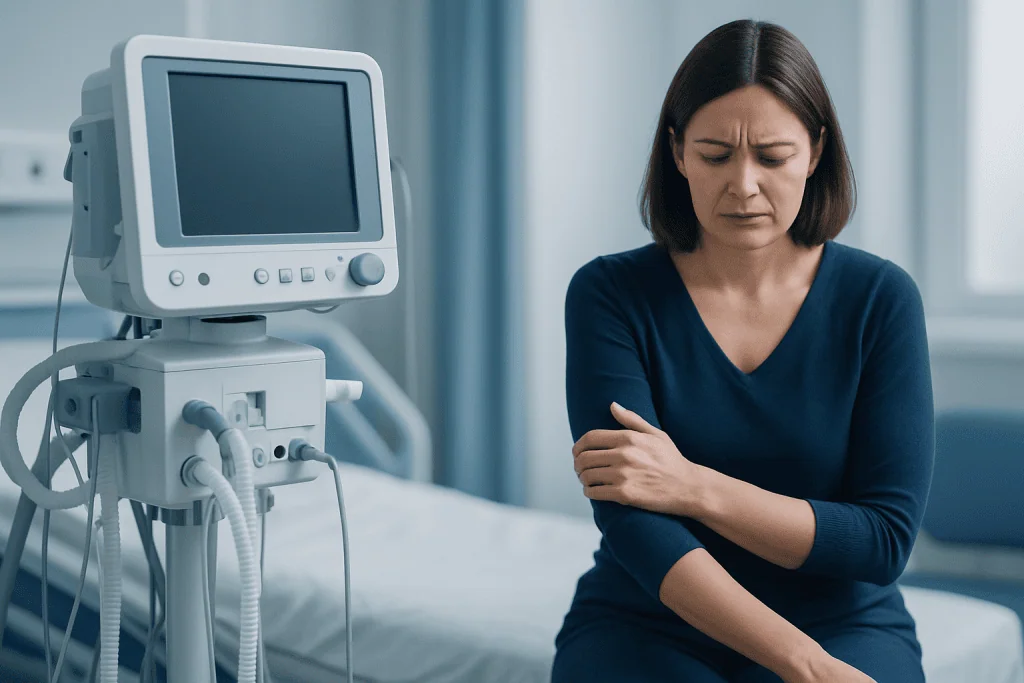 Woman experiencing arm pain in a hospital room with medical equipment nearby.
