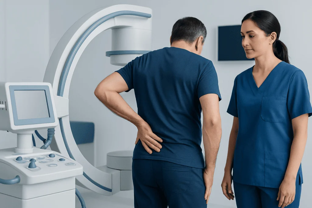 Medical professionals discussing lower back pain diagnosis with imaging equipment.