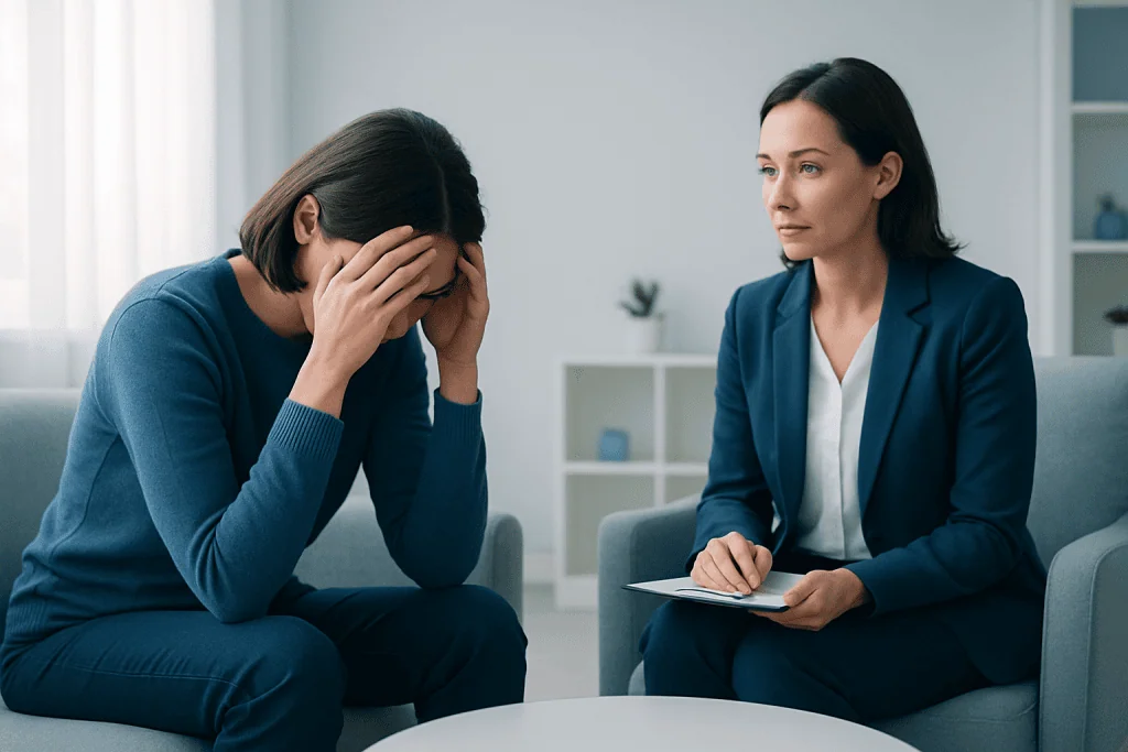 Therapist consulting with a patient experiencing stress or anxiety.