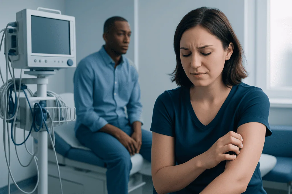 Woman experiencing arm itching in a medical consultation room.