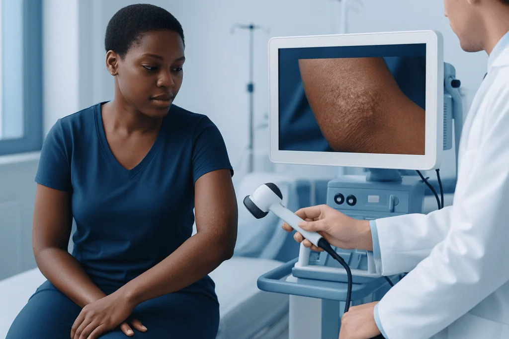 Doctor examining skin condition on monitor for dermatitis diagnosis.