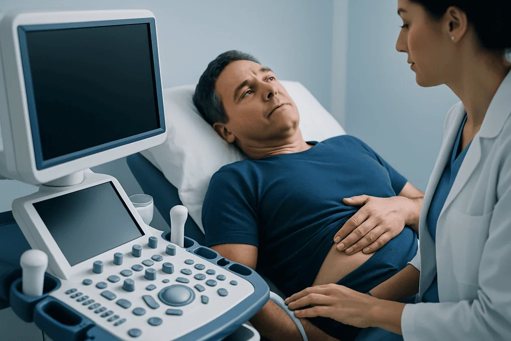 Doctor examining a patient with ultrasound machine in hospital room.