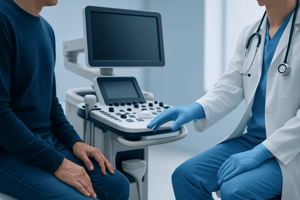 Doctor performing an ultrasound examination on a patient in a medical clinic.