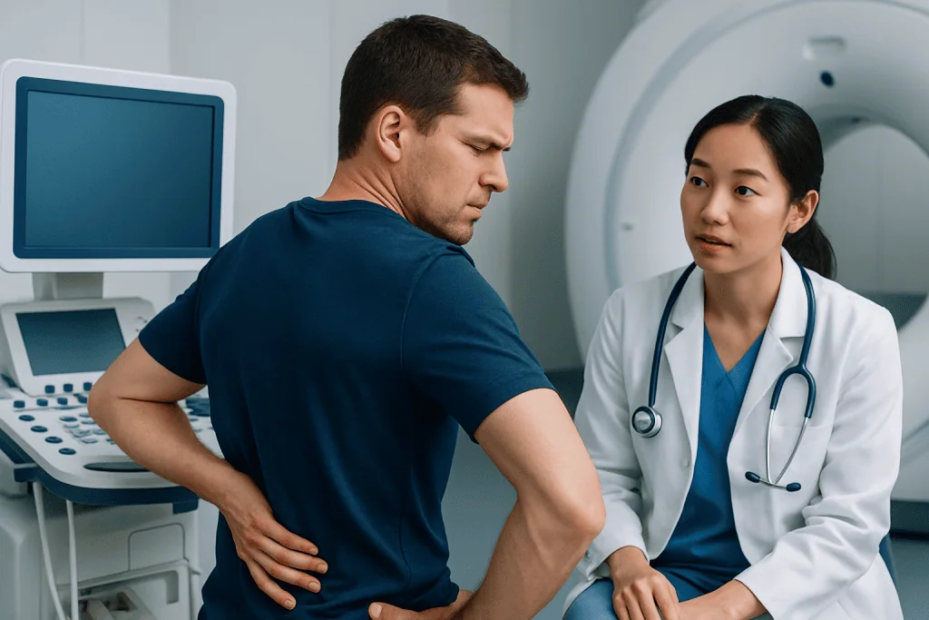 Doctor examining a patient's back in a medical clinic setting.