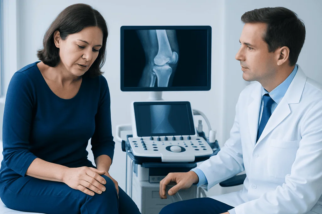 Doctor explaining knee X-ray to patient in a medical consultation room.