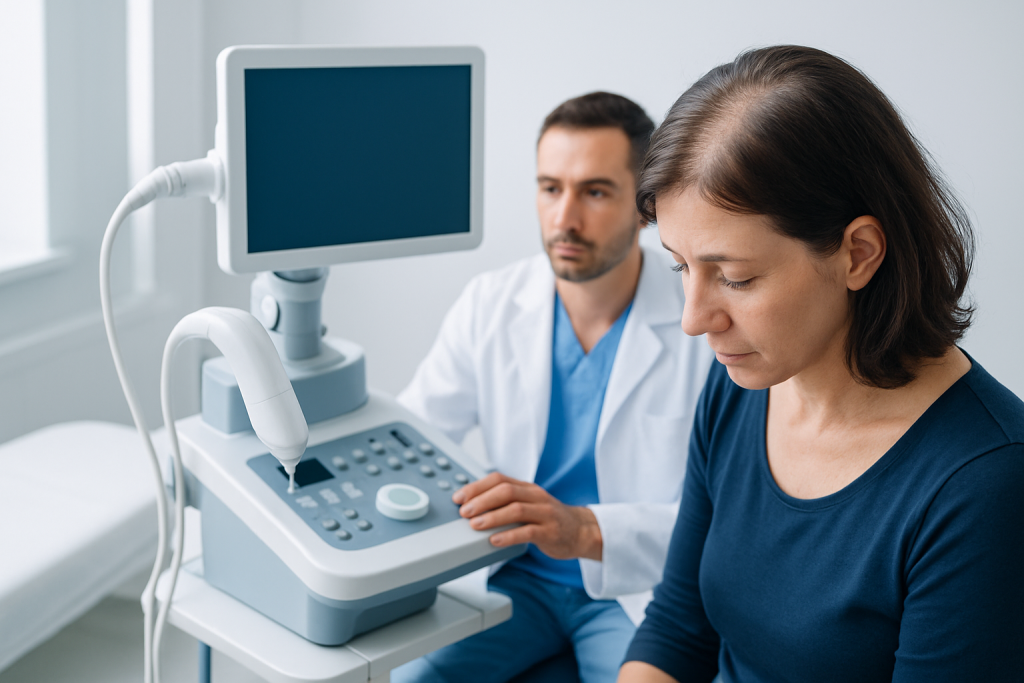 Doctor performing hair scan with ultrasound device in clinic.
