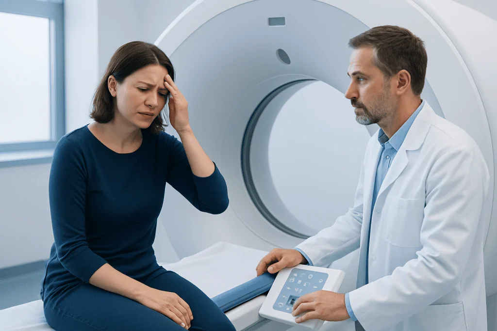 Woman experiencing headache during MRI scan at Acibadem Hospital.