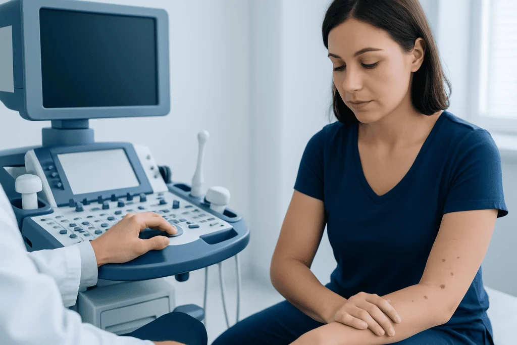 Young woman with skin bumps during medical consultation at hospital.