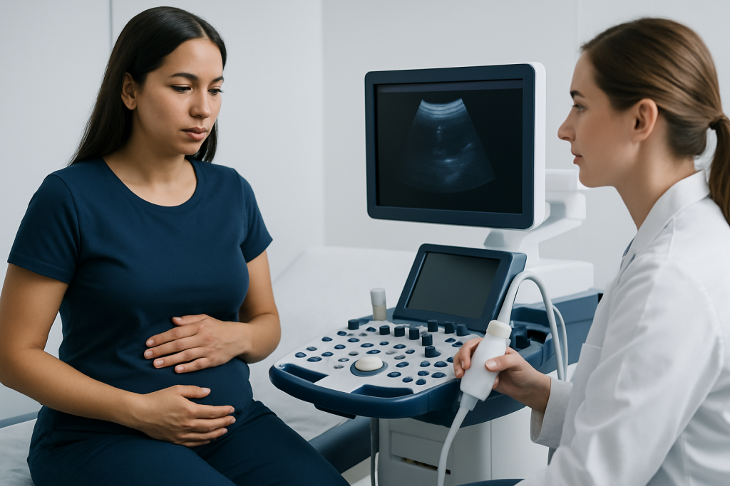 Pregnant woman undergoing ultrasound examination at a hospital.