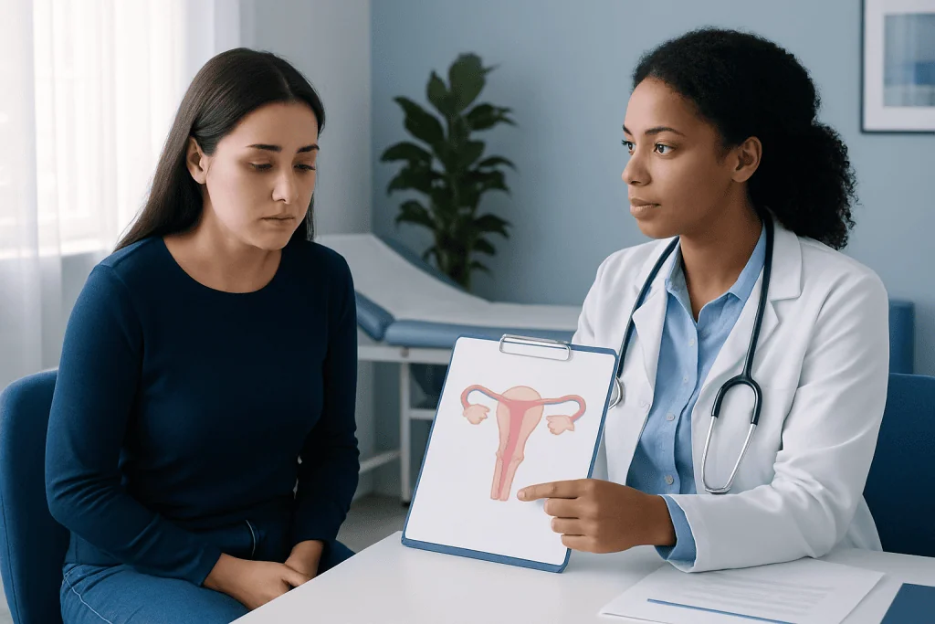 Doctor explaining female reproductive system to patient in clinic.