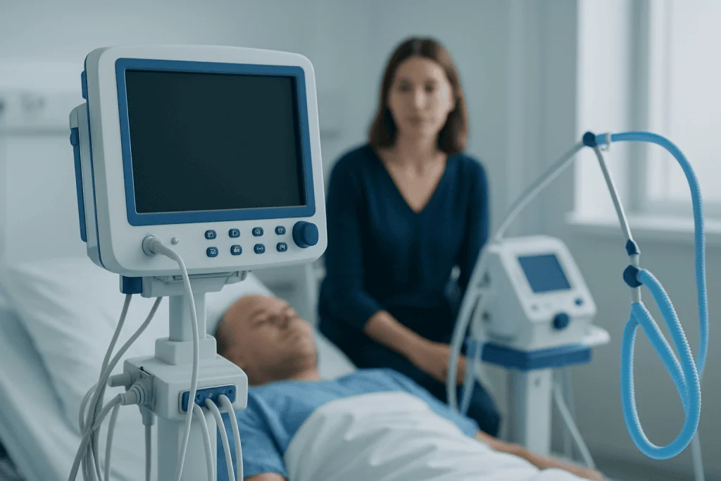 Hospital patient connected to medical ventilator with nurse nearby.