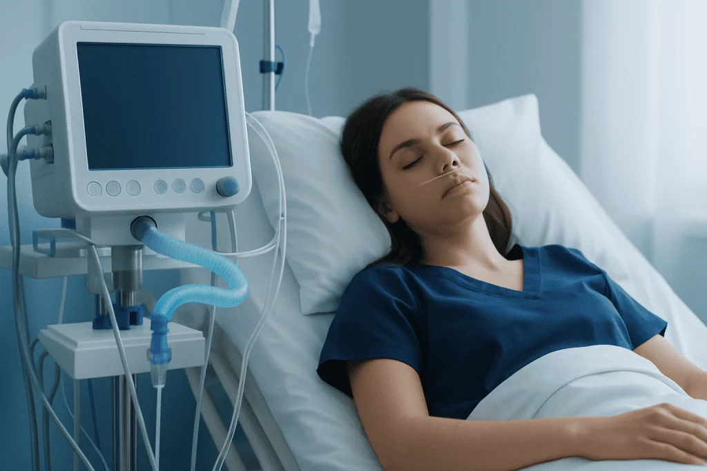 Young woman in hospital bed with medical monitoring equipment nearby.