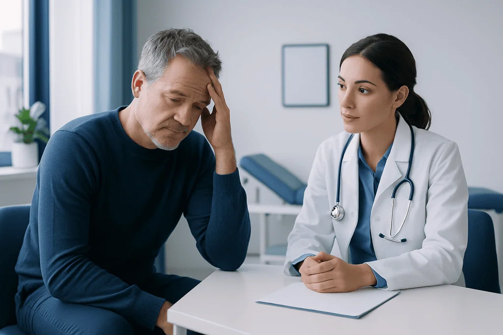 Doctor consulting with middle-aged man about health concerns in clinic.
