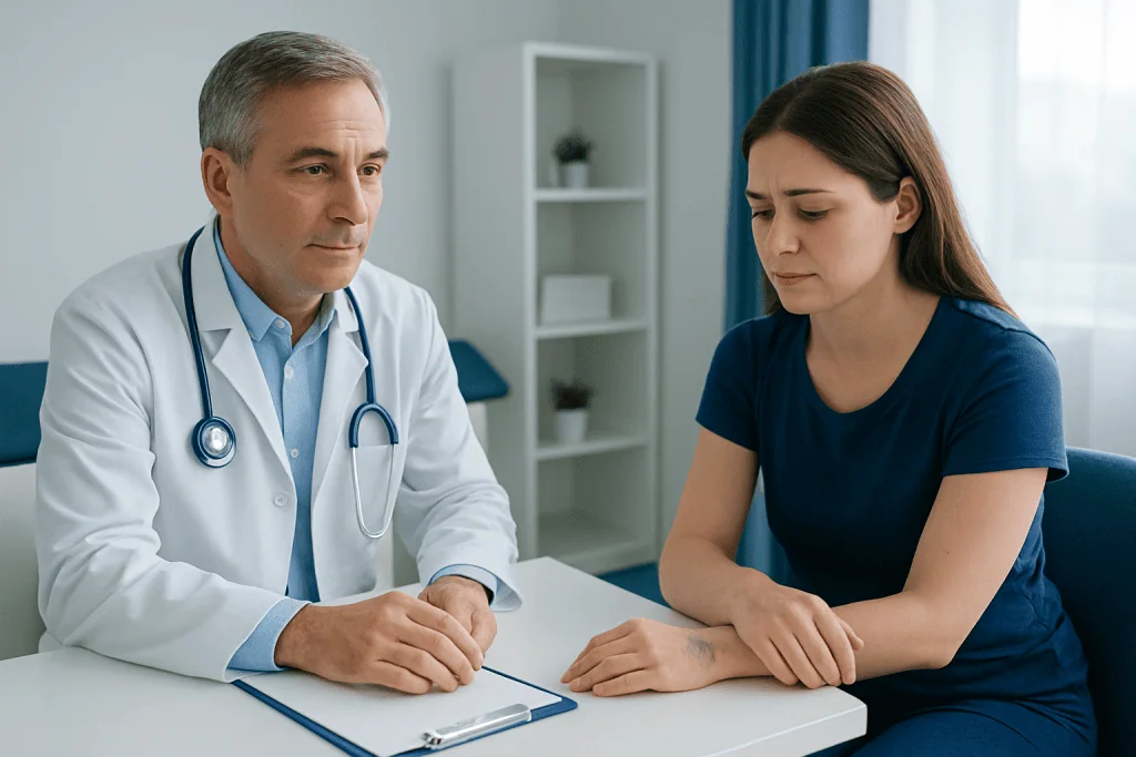 Doctor consulting with a young female patient in a medical office.