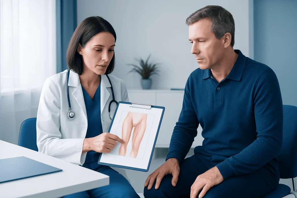 Doctor explaining inner thigh muscles to patient with diagram on tablet.