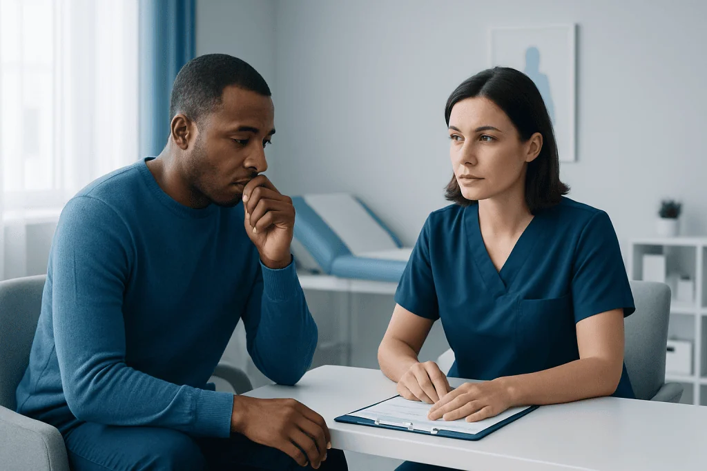 Patient consulting with healthcare professional in a medical office.