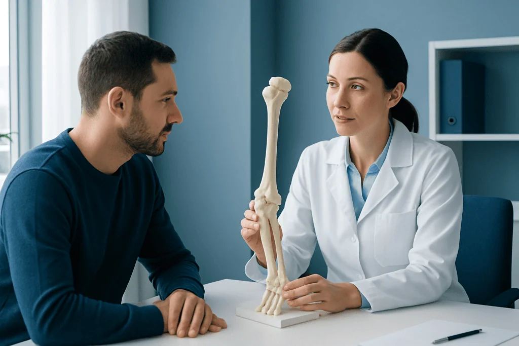 Medical consultation on arm bones with a healthcare professional and patient.