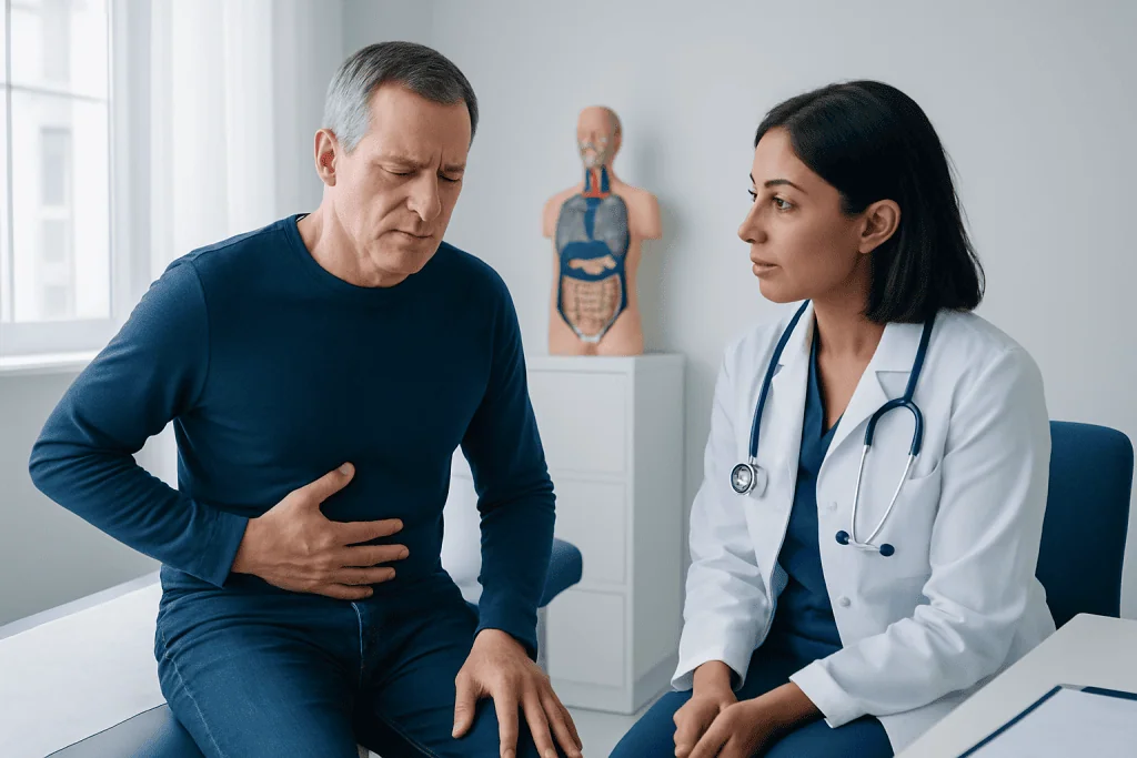 Doctor consulting with patient experiencing stomach pain at hospital.