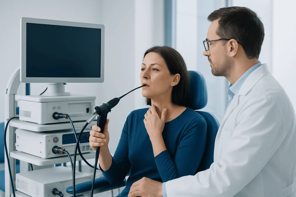 ENT doctor performs laryngoscopy on patient in clinic.