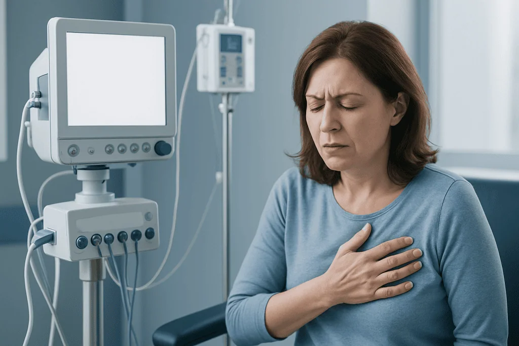 Woman experiencing chest pain in hospital room with medical monitors.