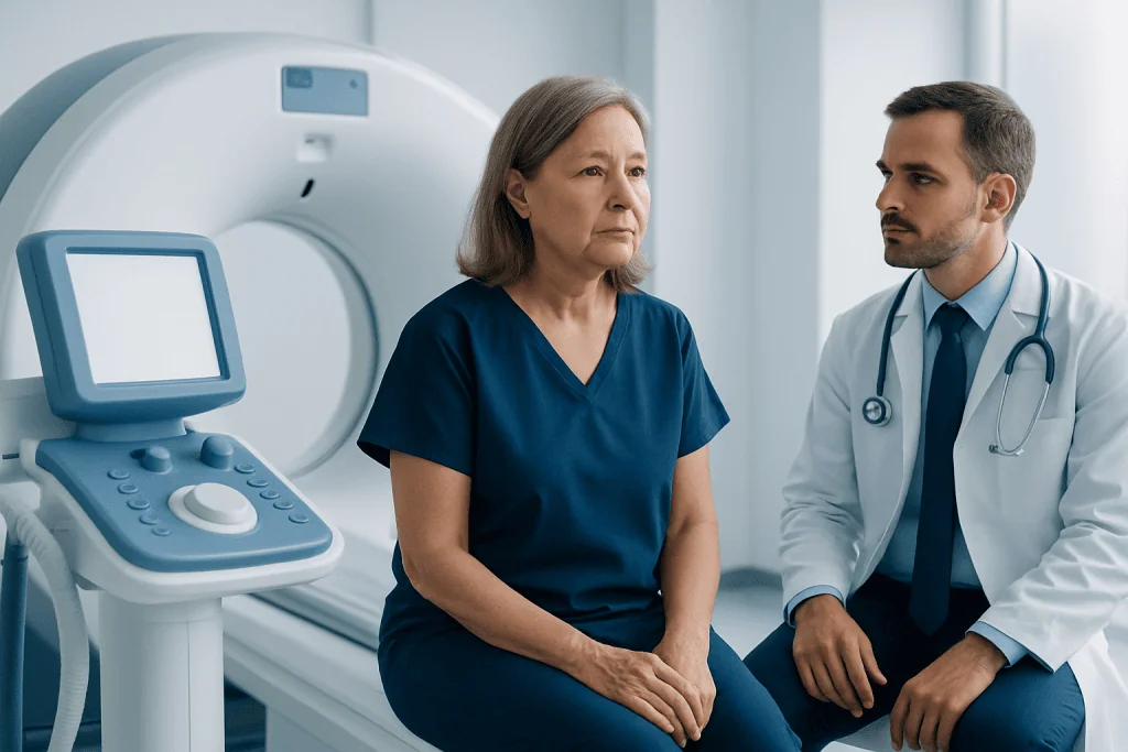 Doctor explaining medical scan results to an older female patient in a hospital.