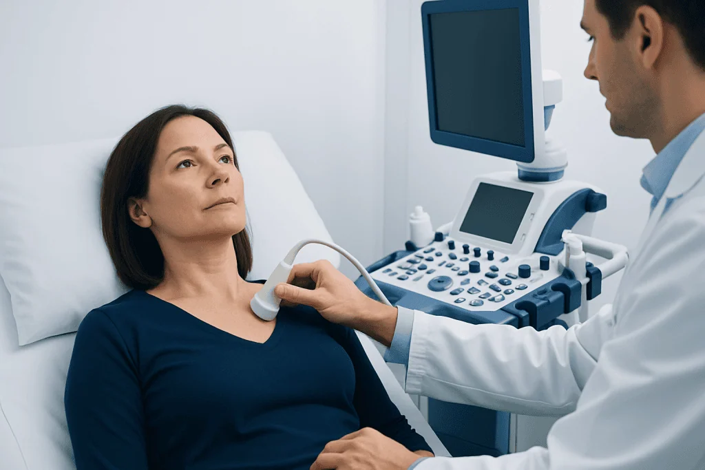Doctor performs thyroid ultrasound on a female patient in a clinical setting.