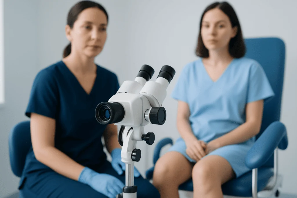 Two women in medical scrubs with a microscope in a clinical setting.