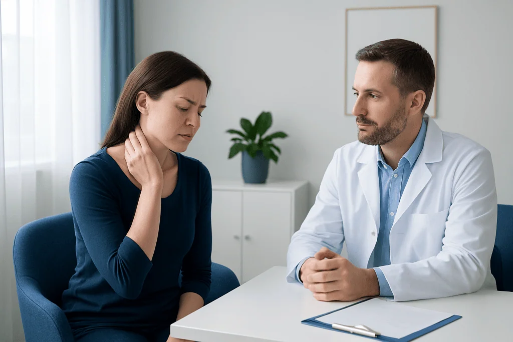 Doctor consulting with a patient about neck pain in a medical office.