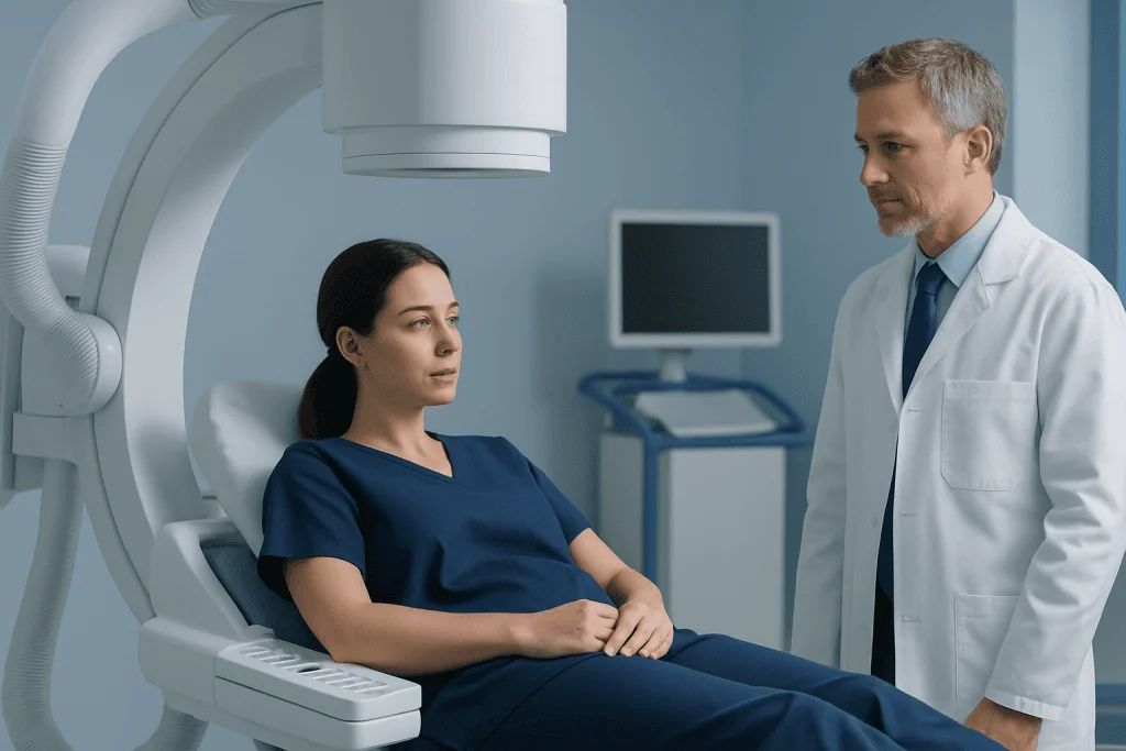 Medical professional consulting a patient during a diagnostic procedure at Acibadem Hospital.