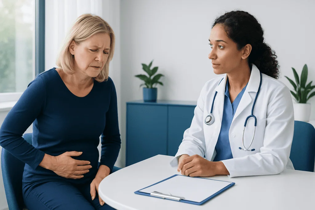 Doctor consulting with a patient about urinary health issues in a clinic.
