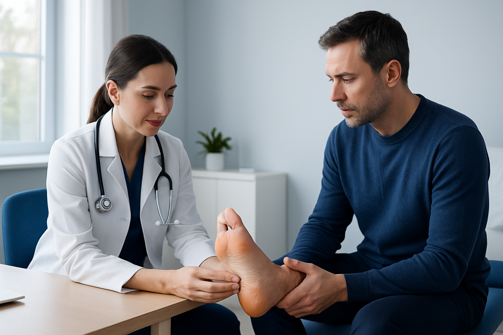 Doctor examining patient's foot for calluses or skin issues.