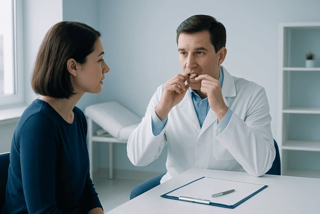 Dentist explaining open bite treatment options to a patient in a clinic.