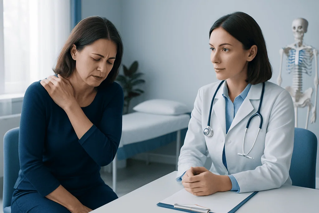 Doctor consulting with a patient experiencing shoulder pain in a medical office.