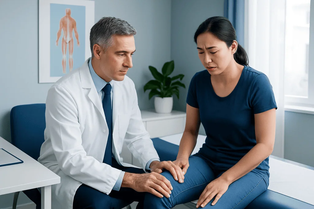 Doctor examining patient's knee for quadriceps muscle issues at Acibadem Hospital.