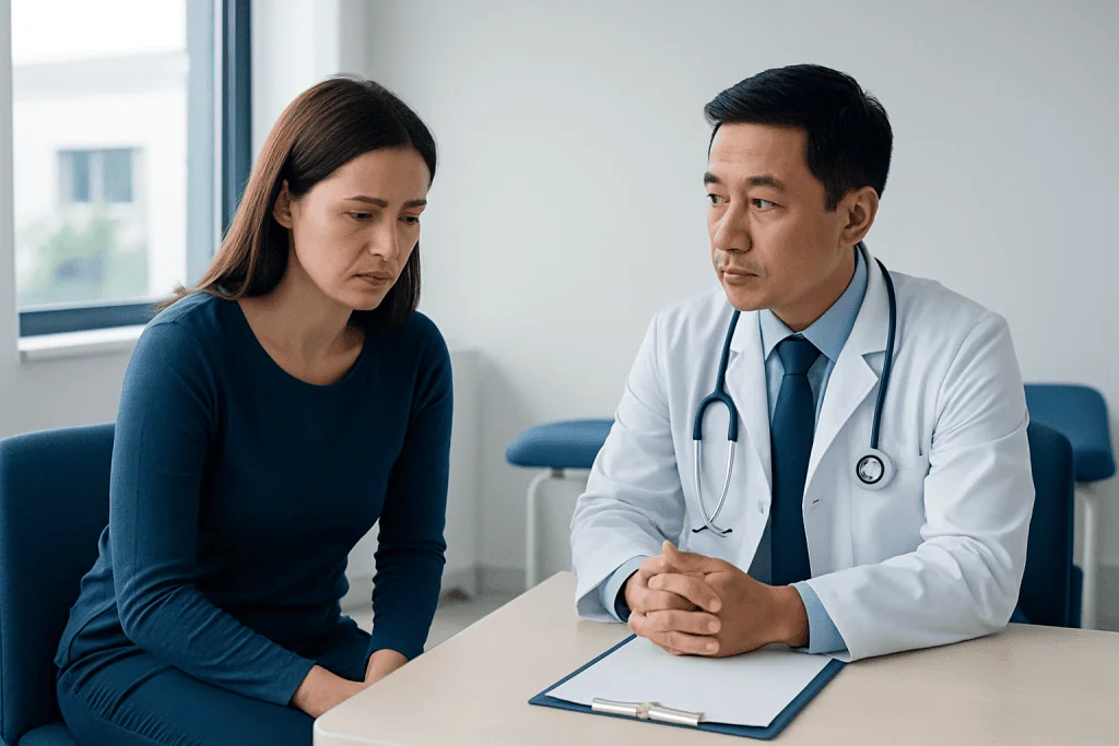 Doctor consulting with a woman about health concerns in a medical office.