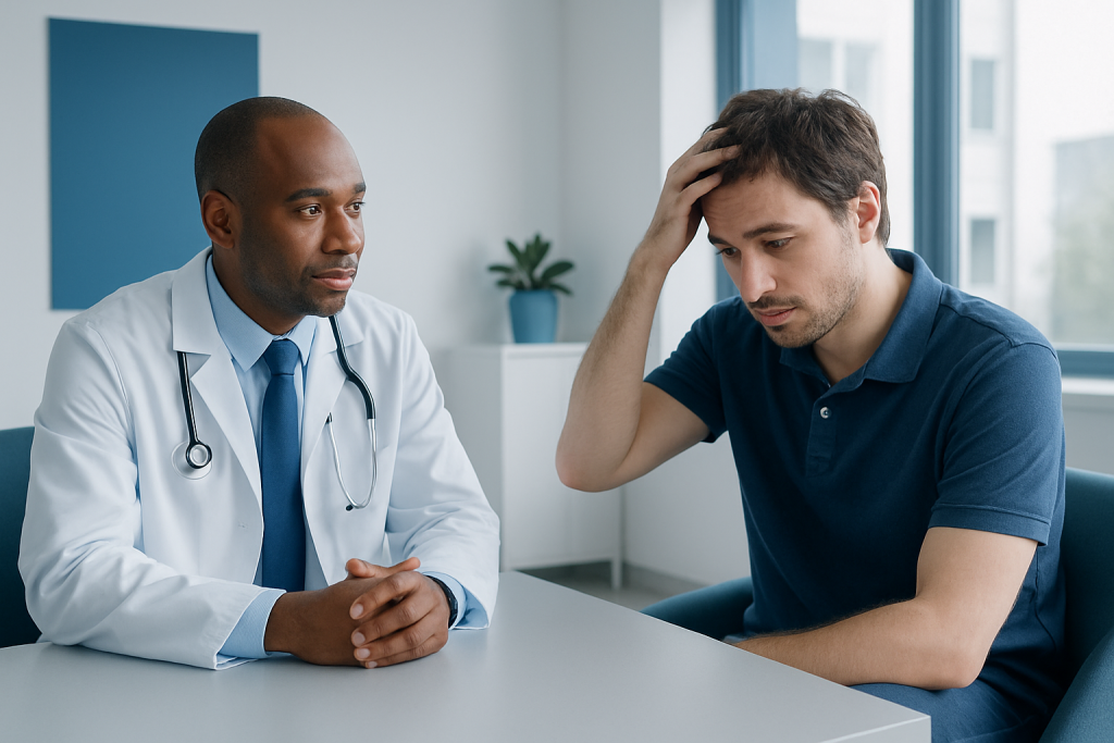 Doctor consulting with young male patient about scalp issues.