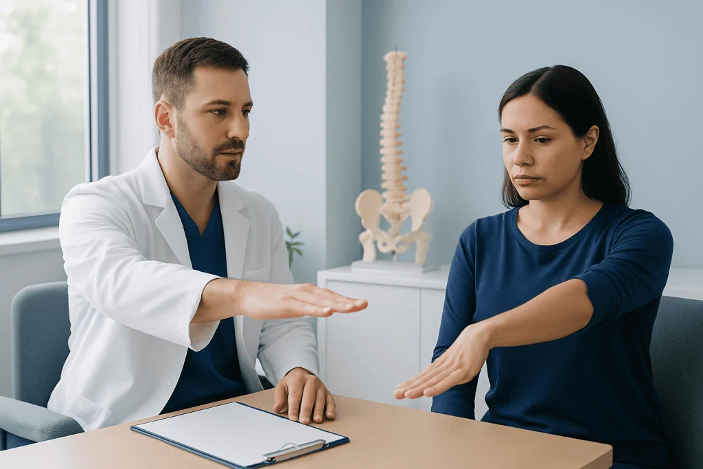 Doctor explaining nerve gliding exercises to a patient in a clinic setting.