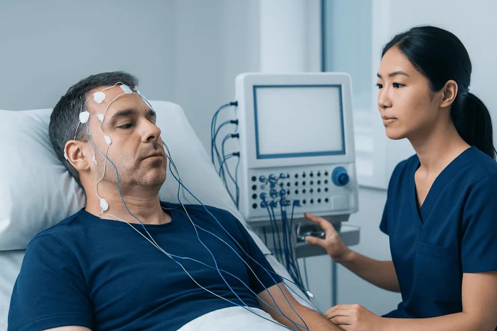 Patient undergoing neurological sleep study with electrodes and monitoring equipment.