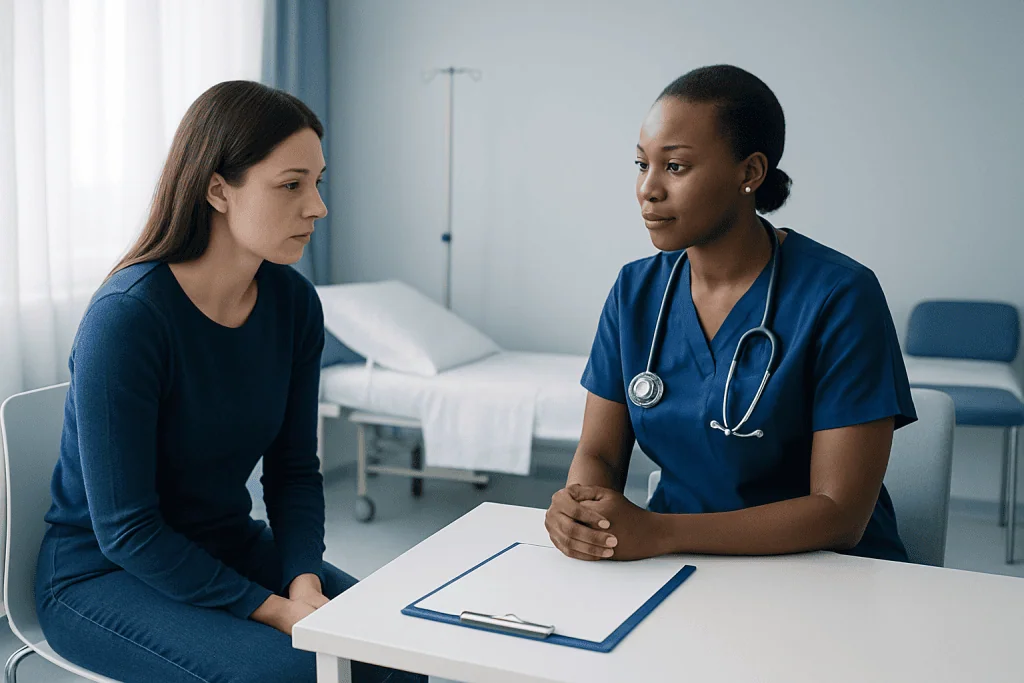 Doctor consulting with patient in hospital room for medical overview.