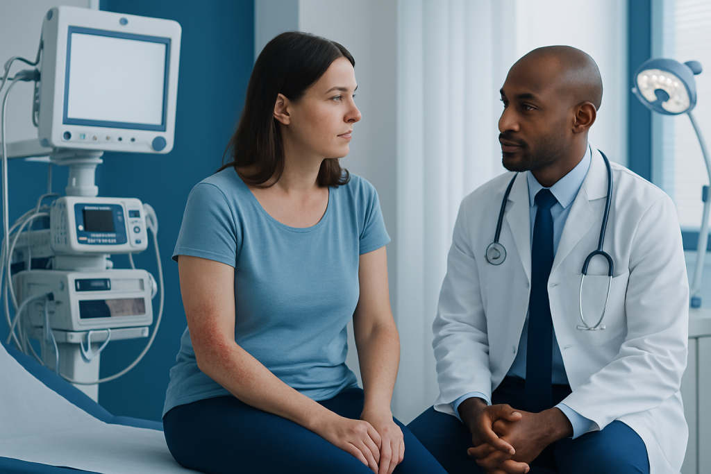 Doctor consulting patient in a hospital room with medical equipment.