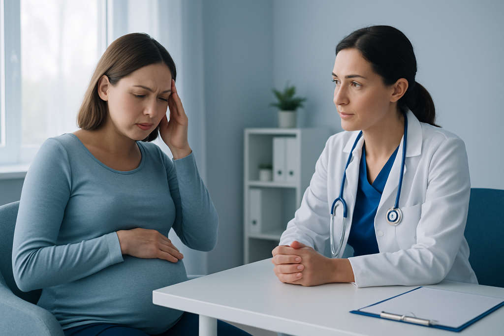 Pregnant woman consulting with a doctor about headaches during pregnancy.