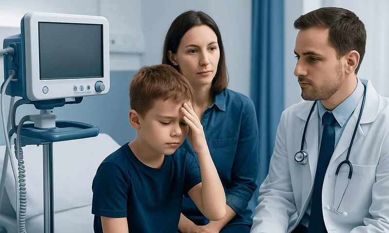 Child with headache consulting a doctor in a hospital setting.