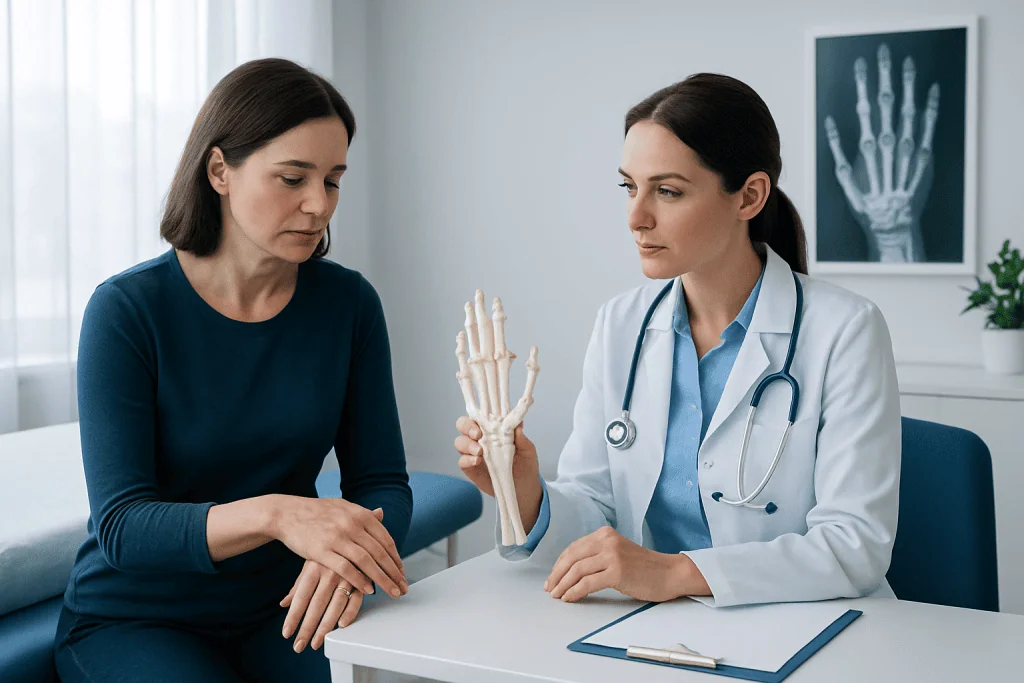 Doctor explaining hand X-ray to patient in a medical consultation.