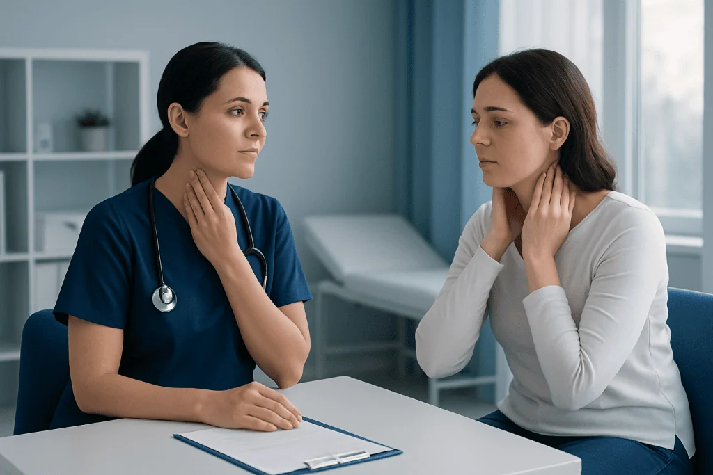 Doctor consulting with patient about lymph node health and symptoms.
