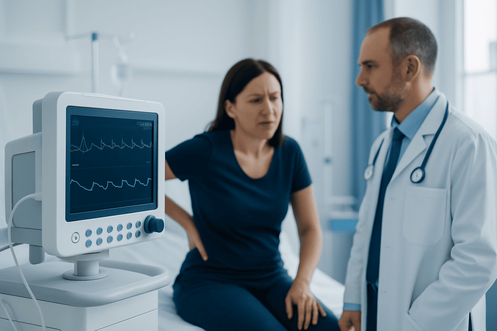 Doctor consulting patient with heart monitor in hospital.