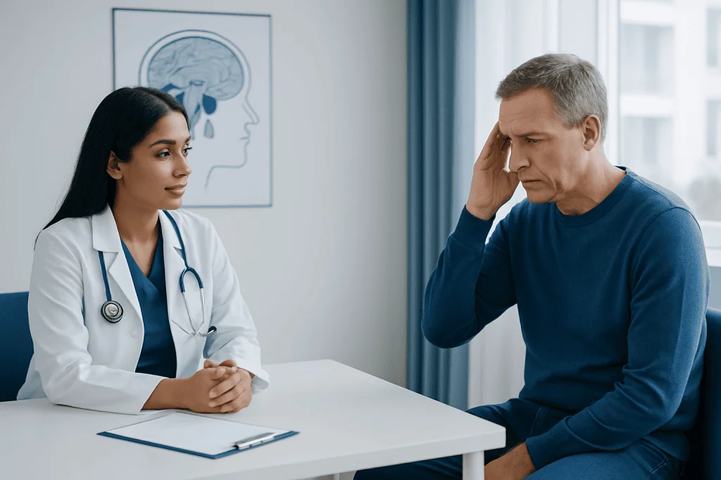 Doctor consulting with a patient about neurological health in a clinic setting.